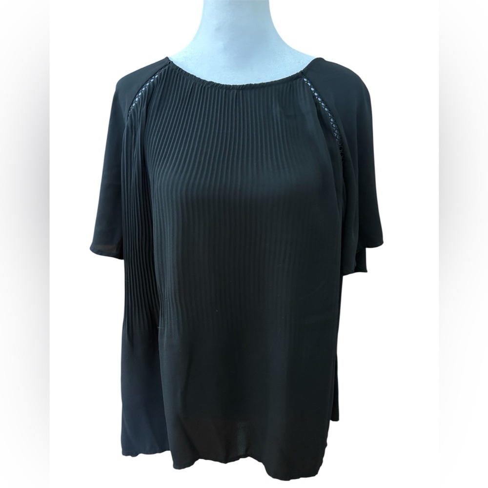 Medium Pleione by Anthropolgie Black Pleated Flutter Sleeve Blouse